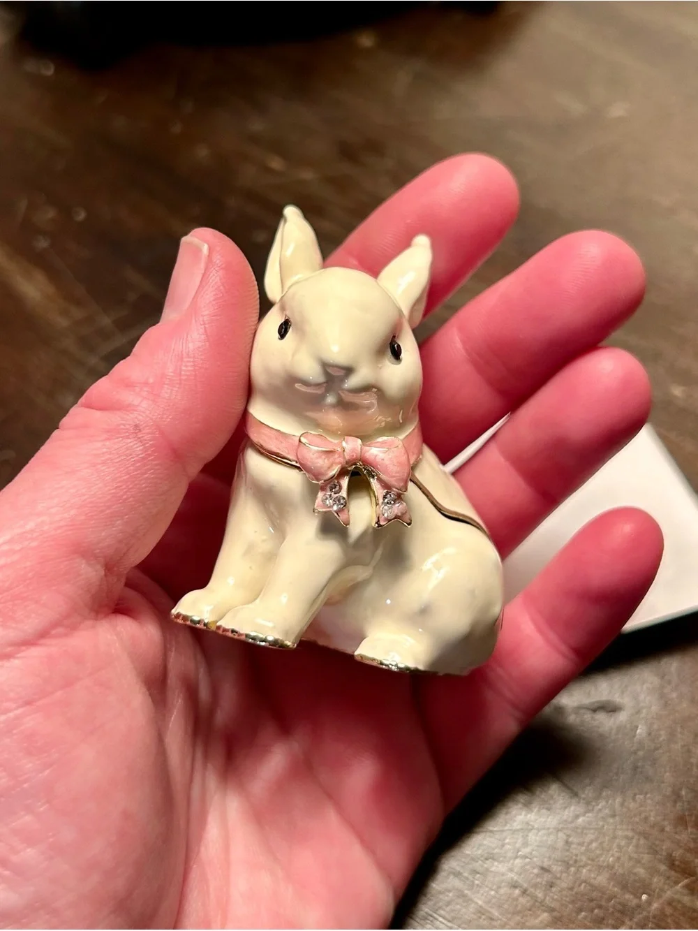 White Ceramic Bunny Trinket Box with Pink Bow